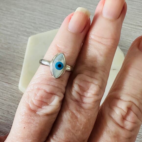 Evil Eye Composite Shell And Turquoise Sterling Silver Ring - Picture 2 of 7